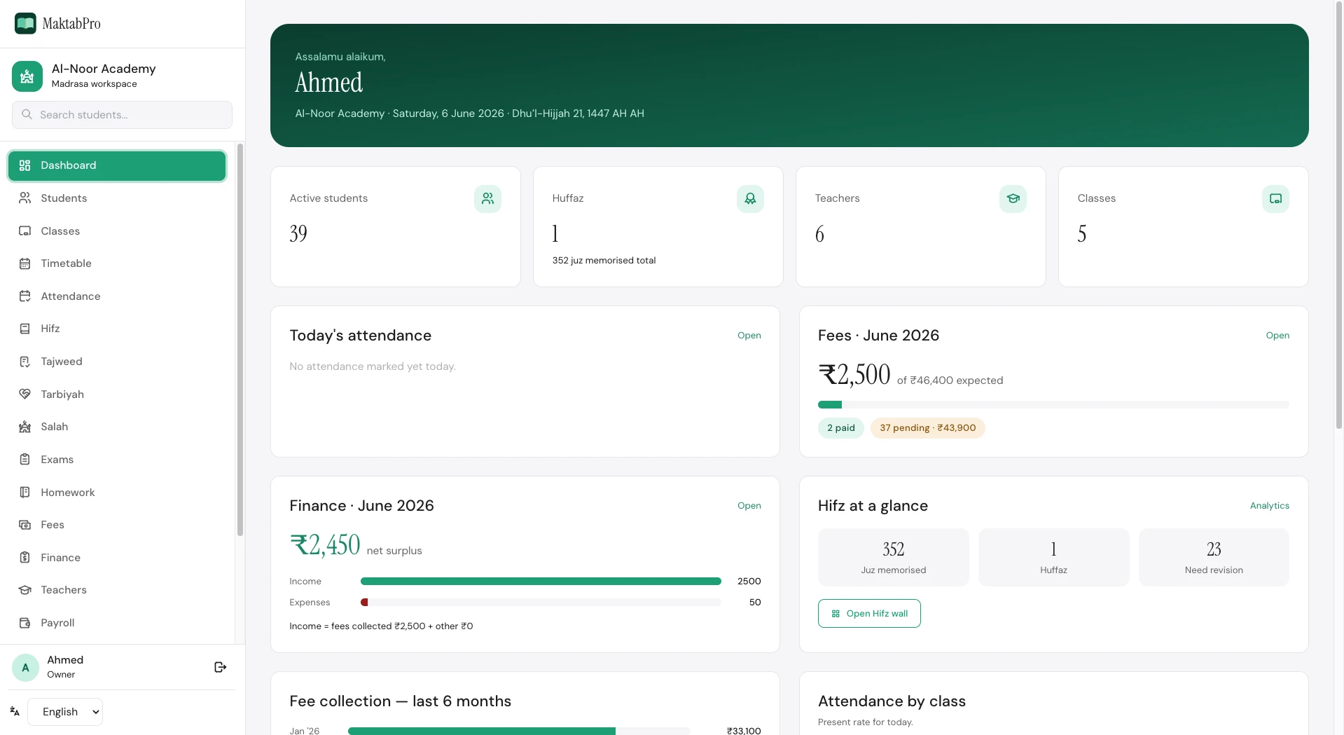 MaktabPro dashboard showing a madrasa's students, attendance, fees and Hifz progress in one screen