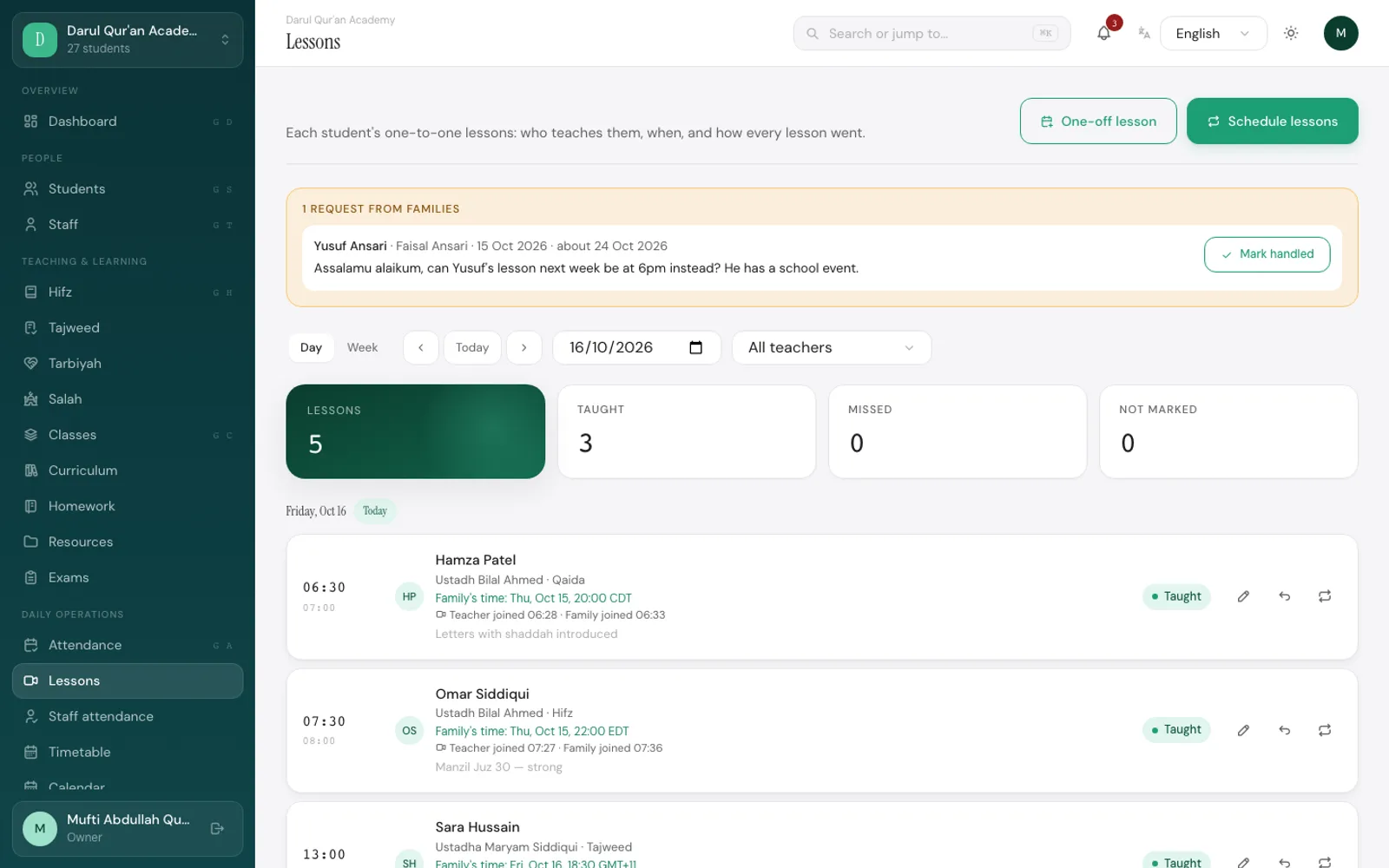 The one-to-one lessons agenda in MaktabPro
