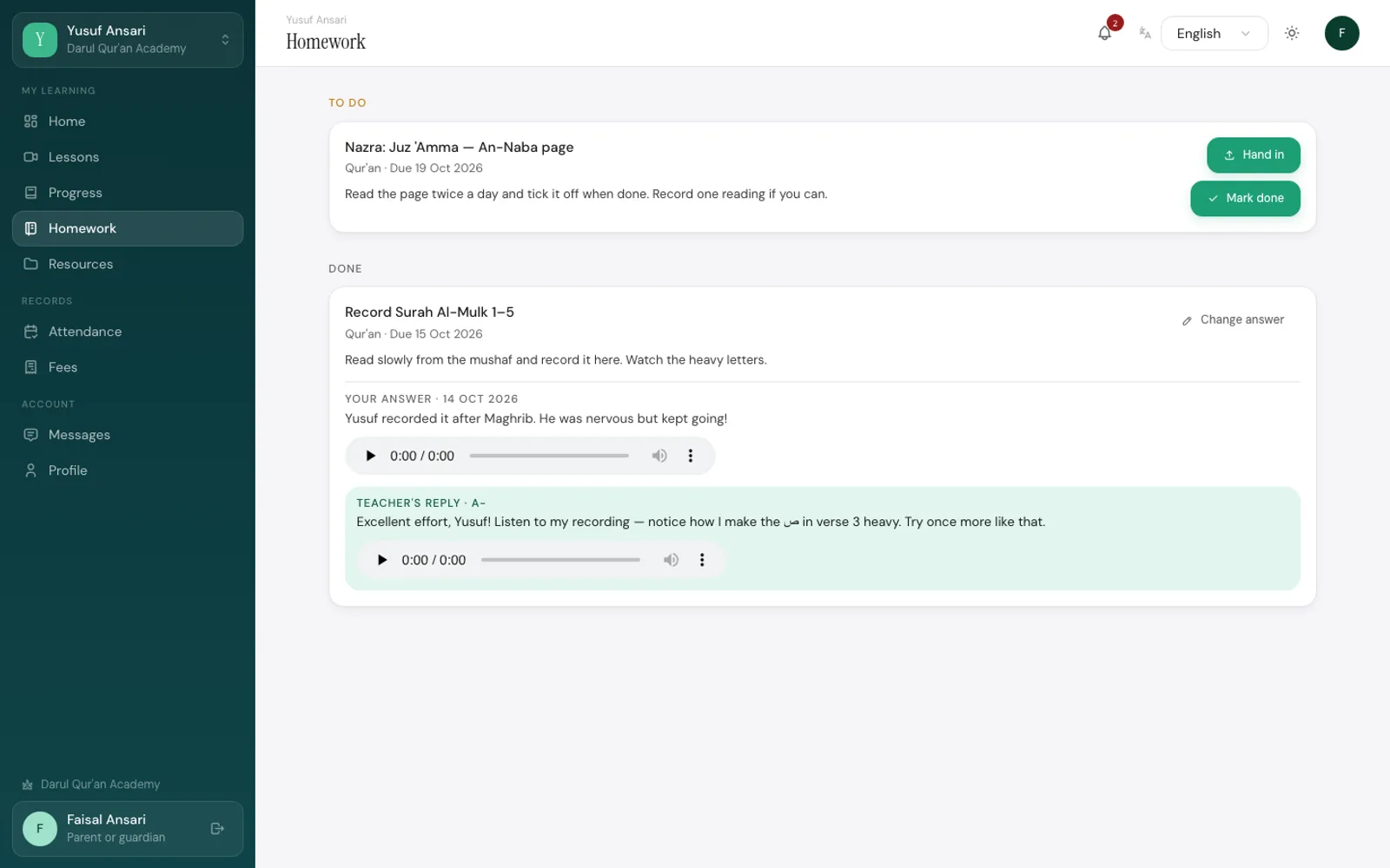 Student app — recorded homework & feedback